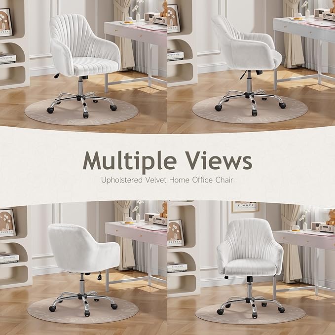 Warmiehomy Office Chair, Velvet Desk Chair for Home Office, Girls' Vanity Chair with Arm Rest for Bedroom Dressing Room, Pure White
