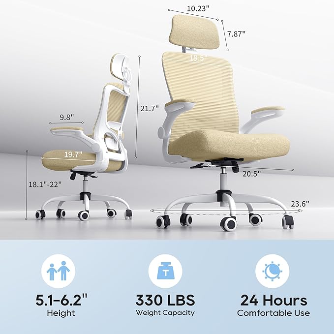 Office Chair, Ergonomic Mesh Desk Chair with Adjustable Lumbar Support and Headrest, Flip-up Armrests, High Back Computer Task Chair for Home and Executive Office (W-All Beige)