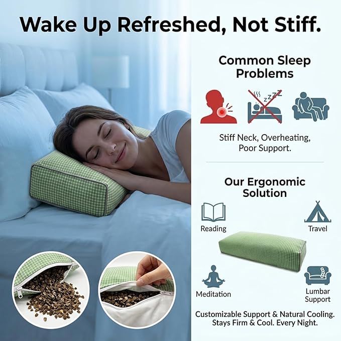 Adjustable Buckwheat Hull Pillow for Neck Pain Relief (21x8x4) Natural Cooling Cervical Support Camping Pillow for Side & Back Sleepers with Night Sweats (xiaoge Green)