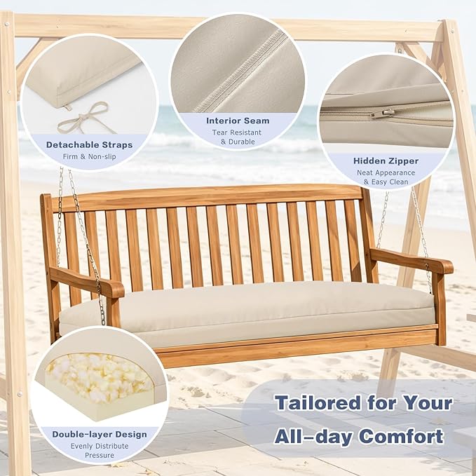 baibu 48Inch Outdoor Bench Cushion Waterproof, Bench Cushions for Outdoor Furniture, Dual-Layer Memory Foam atio Furniture Cushions, Porch Swing Seat Pad with Washable Cover & Ties, 48x16x3.5, Beige