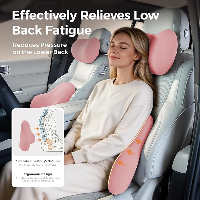 BABUR Lumbar Support Pillow for Car, Ergonomic Memory Foam Support Pillow for Lower Back Pain Relief, Washable Cover, Lumbar Cushion for Driving Seat, Fits Most Cars | Pink