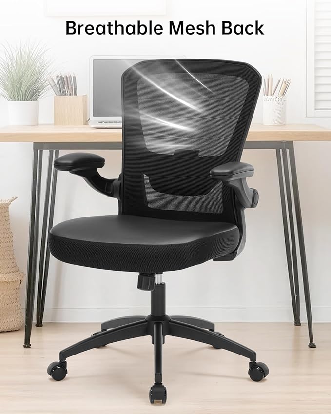 Ergonomic Office Chair Adjustable PU Leather Computer Chair with Lumbar Support,Flip-Up Arms, Breathable Mesh Back, Swivel Rolling Executive Desk Chair for Home Office, Black