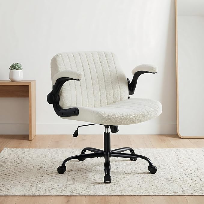 DUMOS Criss Cross Home Office Chair with Wheels, Wide Cross Legged Desk Vanity Chair Comfy Fabric Flip-Up Armrests Adjustable Swivel Chairs for Home Computer Bedroom, Creamy White