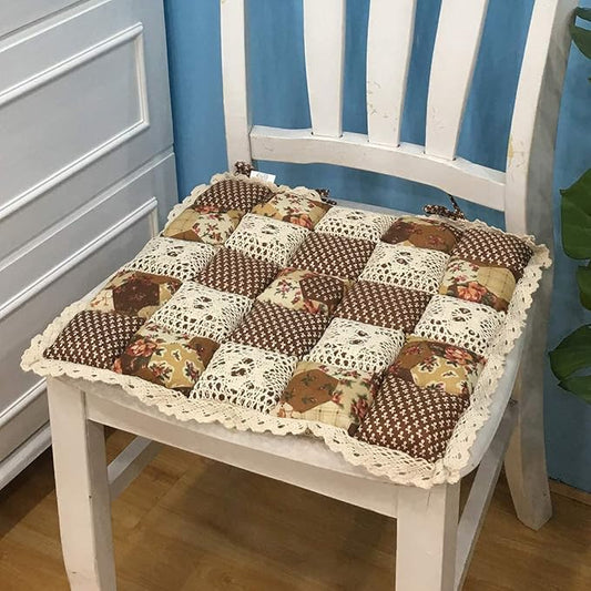 vctops Patchwork Chair Pad with Ties No Slip Lace Trim Chair Cushion Farmhouse Floral Print Kitchen Dining Seat Cushion (318 Coffee, 16"x16")