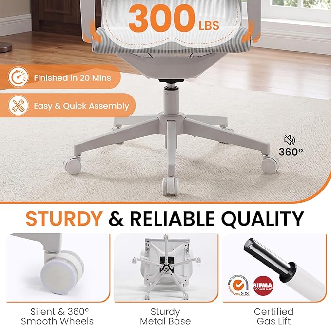 LuxErgo Ergonomic Mesh Office Chair, Mid Back Desk Chair with Lumbar Support & Armrests, Height Adjustable, 115° Recline, 360° Swivel Rolling Task Chairs for Home Office, Grey