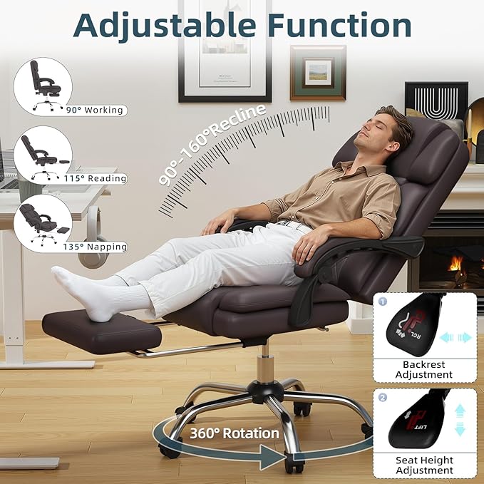 HOMREST 6-Point Massage Office Chair with Heat, Ergonomic Reclining Desk Chair with Footrest, PU Leather Executive Chairs for Home Office, Massaging Computer Chair Gift for Men, Brown