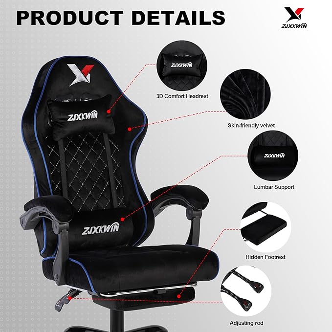 Velvet Gaming Chair, Ergonomic High Back Racing Chair with Footrest, Spring Wide Cushion, Adjustable Headrest & Lumbar Support, 90-135° Recline, 360° Swivel, 300lbs for Home Office, Blue