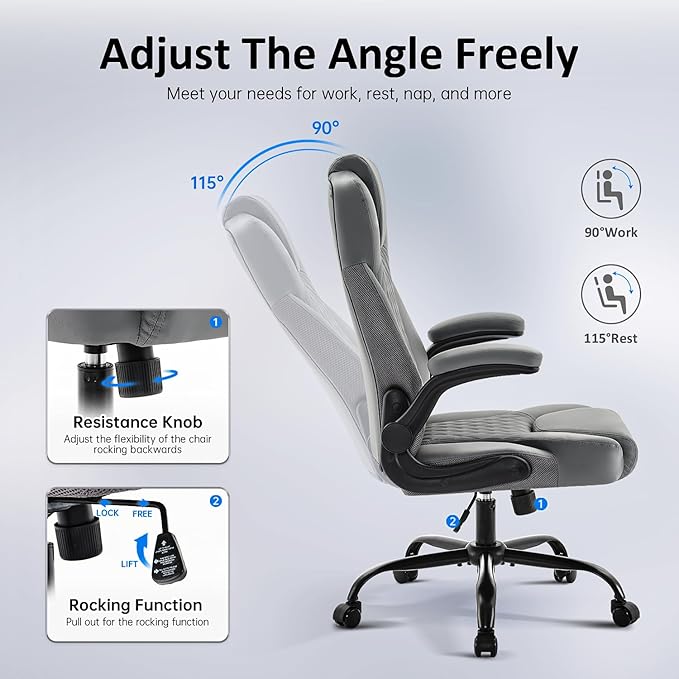 amseatec Office Chair, Executive PU Leather Chair Home Office Desk Chairs, Ergonomic Computer Desk Chair with Adjustable Flip-Up Arms, Lumbar Support Swivel Task Chair with Rocking Function (Gray)