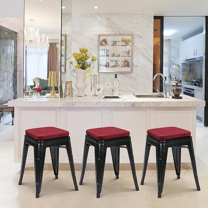 BUYUE Friendly Woven Fabric Magnetic Bar Stool Cushion 1 Piece, Enhanced Anti-Slip Breathable Small Chair Seat Pad for Café Bistro Stackable Metal Stool (Square, Red, 1)