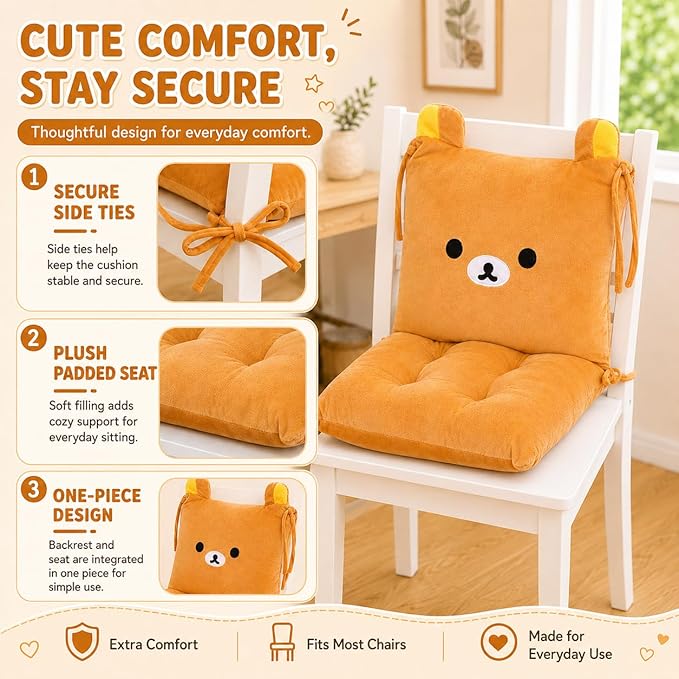 ChezMax Chair Cushion Plush Seat Cushion Back Cushion with Ties Thickened Desk Chair Pads Cartoon Waist Pillow Cushion Decor for Chair Car Office Patio Wheelchair Cartoon Bear