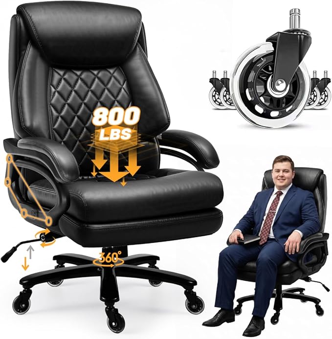 Big and Tall Executive Office Chair with Adjustable Lumbar Support, Extra Wide Seat, Heavy Duty Computer Desk Chair for Long Working Hours, Gaming & Home Office, Quiet Rolling Wheels