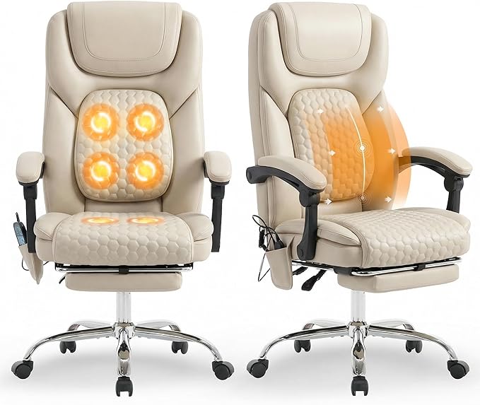 MALOL Massage Office Chair Set of 2 with 3-Level Heat and Footrest – 20-Min Easy Assembly, 300 lbs Big and Tall Desk Chair, PU Leather Ergonomic Executive Computer Chair with Side Pocket, Beige
