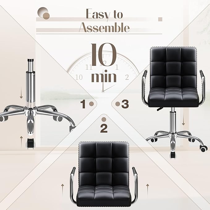Furmax Vanity Office Chair with Wheels, Makeup PU Leather Executive Chair Modern Adjustable Home Desk Retro Comfortable Work Chair 360 Degree Swivel with Arms (Black)