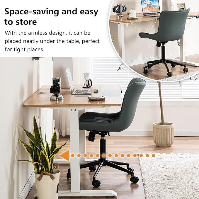 YOUNIKE Ergonomic Armless Office Chair Faux Leather Small Cute Desk Chair with 12° Rocking Back Adjustable Height Swivel Vanity Chair Compact Computer Rolling Task Chair for Small Spaces Greyish Green