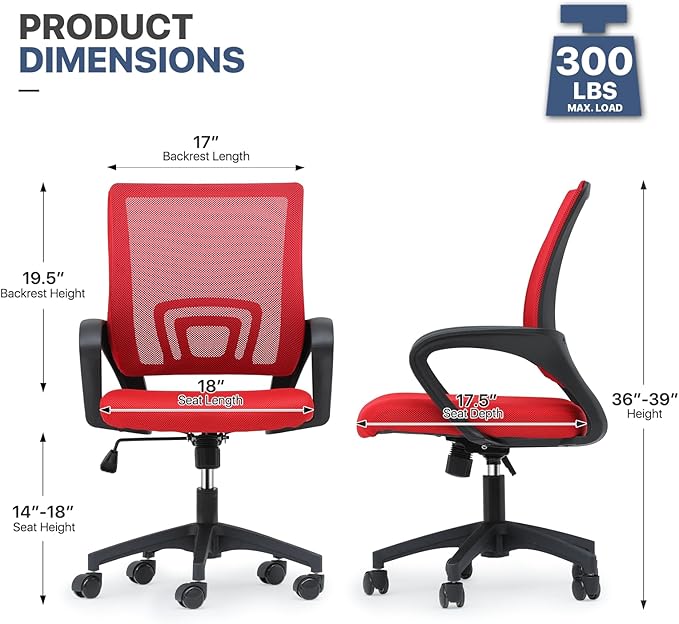 MoNiBloom Mesh Office Chair, Ergonomic Computer Chair for Adults, Rolling Swivel Mid-Back Desk Chair with Lumbar Support, Comfy Armrest for Home Office, Gaming, Red 20 Pack