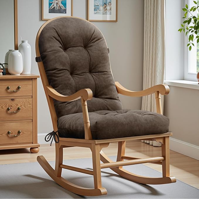 Rocking Chair Cushion - Velvet Fabric, High-Density Sponge, Durable Comfort Non-Slip Bottom Tufted Seat Pads with Ties, Velvet︱Chocolate Brown, 44x19x4 inch