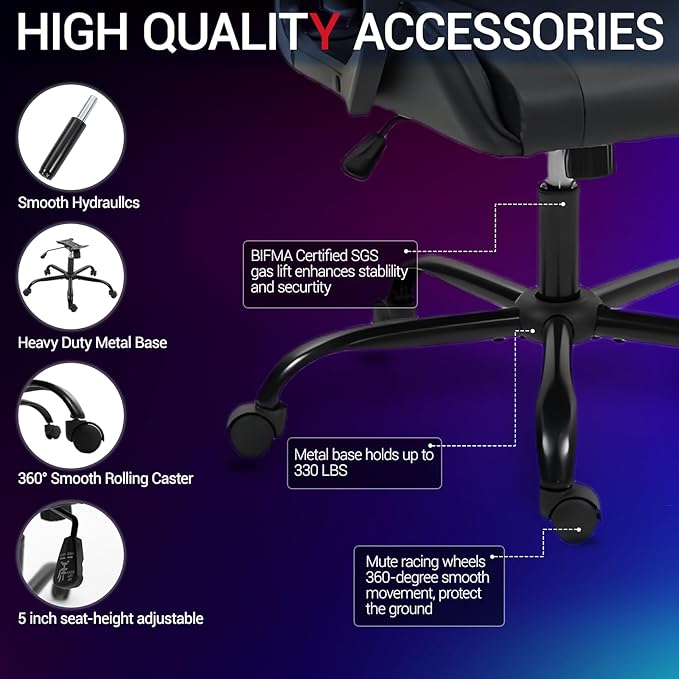 Ergonomic Massage Gaming Chair — High-Back Reclining Office Chair with Lumbar Support for Adults, Height Adjustable, PU Leather, Black