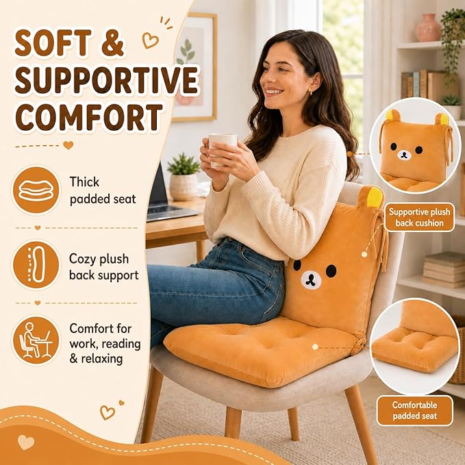ChezMax Chair Cushion Plush Seat Cushion Back Cushion with Ties Thickened Desk Chair Pads Cartoon Waist Pillow Cushion Decor for Chair Car Office Patio Wheelchair Cartoon Bear