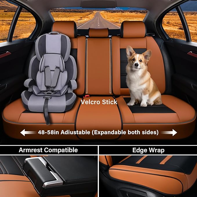 Coverado Car Seat Covers Full Set, 5 Piece Car Seat Protector with Removable Headrest, Nappa Leather Breathable Front Rear Seat Cushion Side All Wrapped Universal Fit Truck Automotive Most Cars Brown
