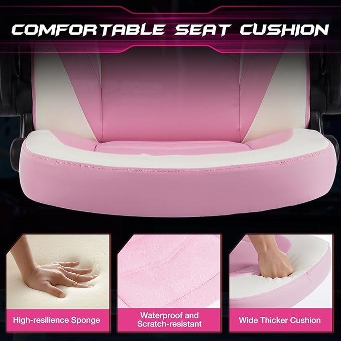 Sweetcrispy Computer Gaming Desk Chair - Ergonomic Lumbar Support Executive with PU Leather and Flip-up Armrest, Height Adjustable with 360° Swivel Wheels, Pink White, for Home and Office