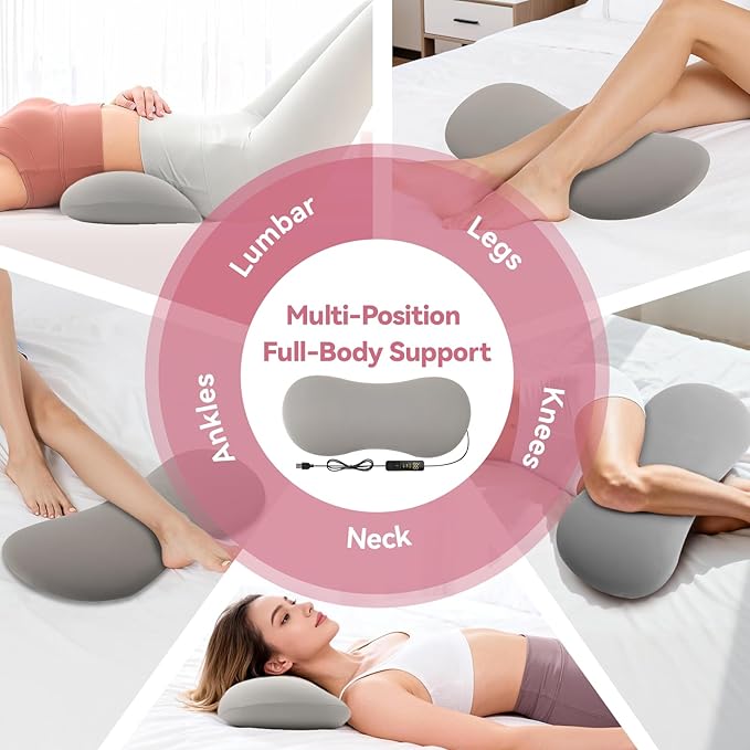 Heated Lumbar Support Pillow for Sleeping – Memory Foam Back Pillow for Bed, 3 Heat Levels & 8 Timers, Ergonomic Lower Back Pillow for Side, Back & Stomach Sleepers, Washable Cover