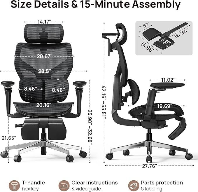Ergonomic Office Chair with Lumbar Support - Over 10 Hours Sitting Comfortable, Mesh Big and Tall Home Computer Desk Chairs, 4D Headrest, 2-Gear Footrest, 630° Armrst, Seat Depth Adjustable