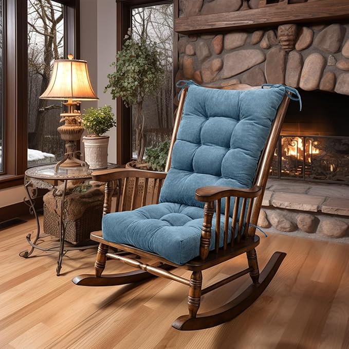 Lokex Rocking Chair Cushion Only,Tufted Non-Slip Comfortable Rocking Chair Cushions Indoor with Ties,Striped Rocking Chair Pads (Blue-S2064-15, 21x17/17x17)