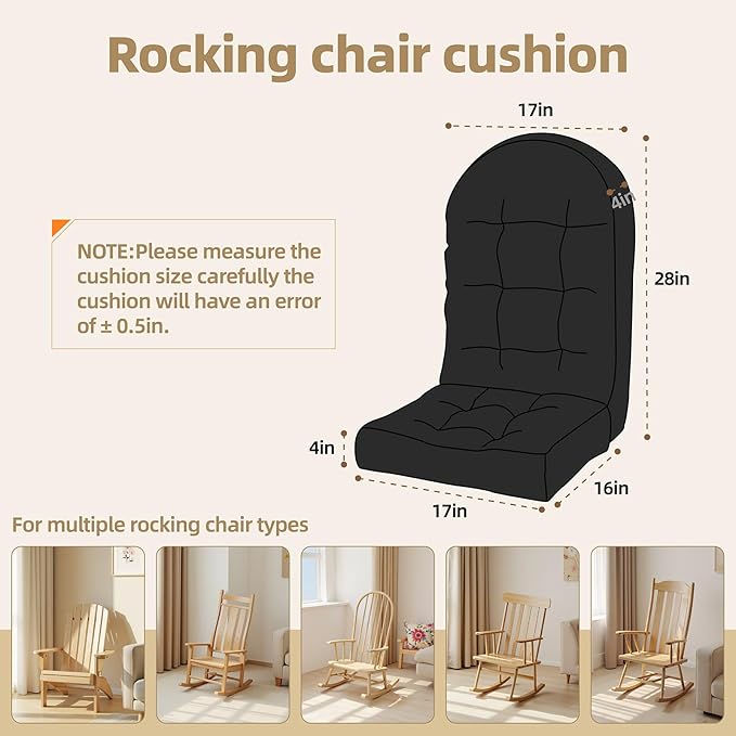 Rocking Chair Cushion - Plaid Corduroy Fabric, High-Density Sponge, Durable Comfort Non-Slip Bottom Tufted Seat Pads with Ties, Plaid Corduroy︱Coal Gray, 44x19x4 inch