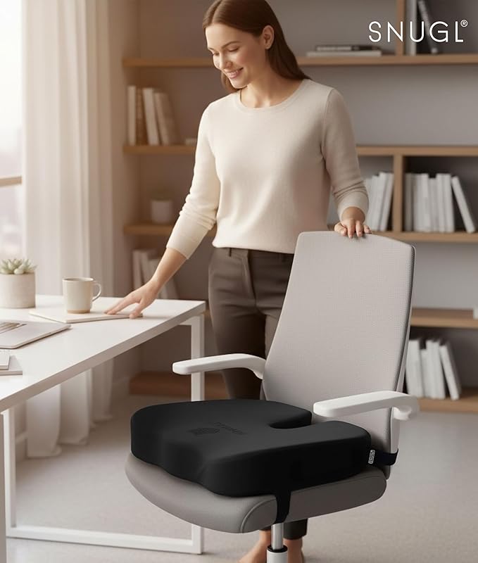 SNUGL Seat Cushion for Tailbone & Back Pain Relief – Orthopedic Memory Foam Coccyx Pillow for Office, Desk & Gaming Chairs – Sciatica & Lower Back Pain Relief, Long Sitting Comfort (Regular Black)