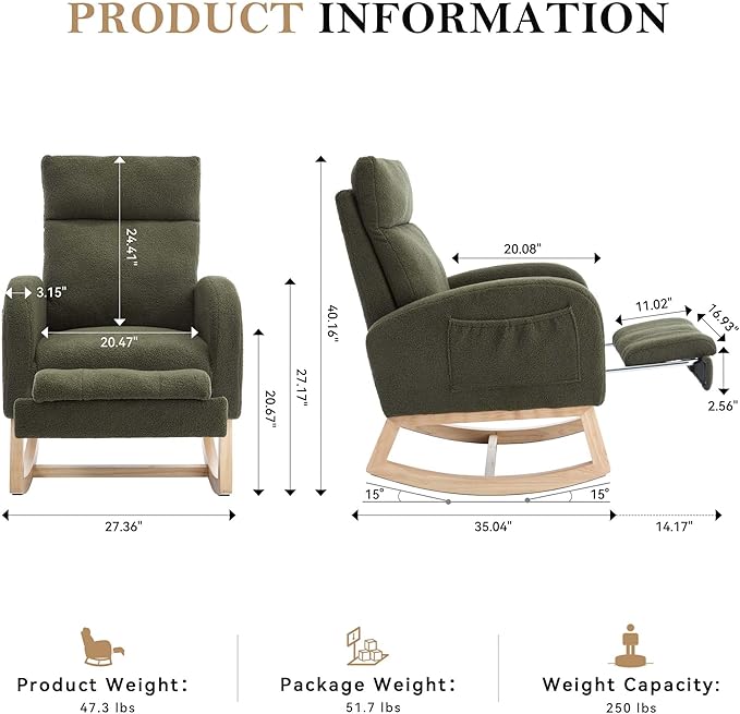 40" Teddy Nursing Rocking Chair, Nursery Chairs with Adjustable Foot Rest, High Backrest Upholstered Arm Chair with Side Pockets, Wood Rocking Chair for Living Room, Bedroom, Baby Room (Green)