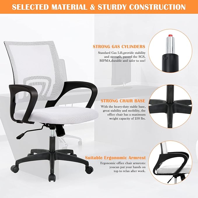 Office Chair, Ergonomic Desk Chair with Lumbar Support Arms, Adjustable Mid Back Executive Task Chairs Computer Chair Home Office Desk Chairs for Student, Women, (White)