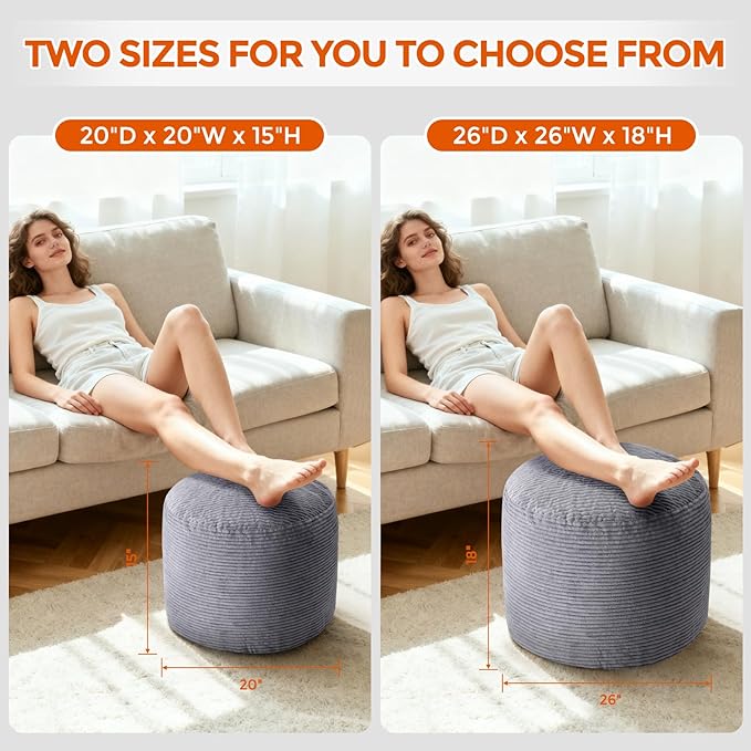 20" x 20" x 15" Pouf Ottoman Foot Rest, Pre-Stuffed Round Foot Stool with Odorless Shredded Memory Foam, Furry & Fluffy Corduroy Footrest for Living Room, Dark Grey