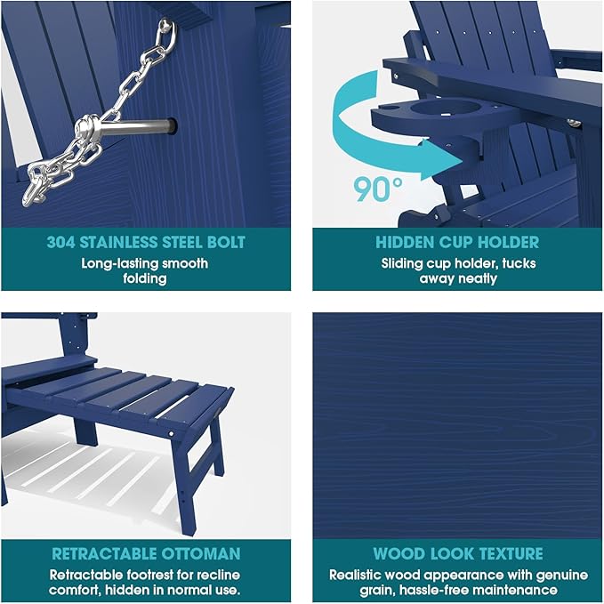 THOEOE Adjustable Adirondack Chair with Retractable Ottoman, HDEP Folding Adirondack Chairs with Footrest 2-in-1 Cup Holder, All Weather Outoor Fire Pit Chair with Foot Rest Set 8 Navy Blue