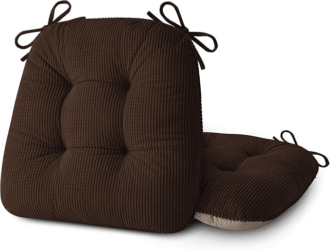 ELFJOY Dining Chair Cushions Set of 2 Thick Non Slip Kitchen Chair Pads with Ties Comfortable Indoor Kitchen Seat Cushions 18" x 18" x 3" Brown
