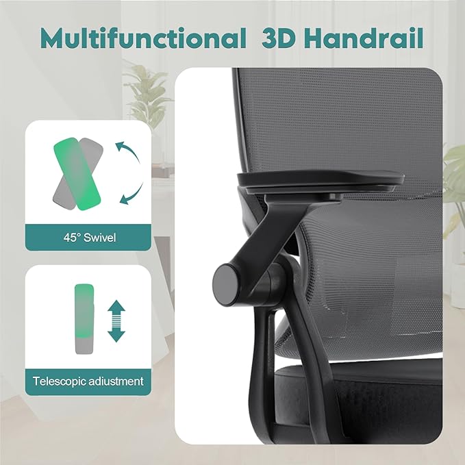 350 LBS Ergonomic Office Computer Mesh Chair - Adjustable Height Rolling Desk Chair with Flip-Up Armrests & High Back Support - Comfortable Swivel Task Chair for Home Office (01GREY)