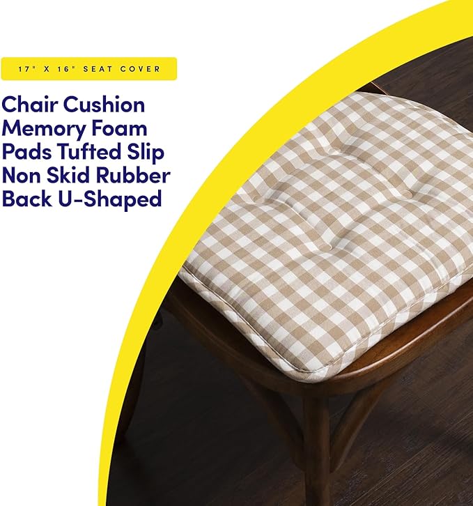Sweet Home Collection Chair Cushion Memory Foam Pads Tufted Slip Non Skid Rubber Back U-Shaped 17" x 16" Seat Cover, 6 Pack, Checkered Taupe/White