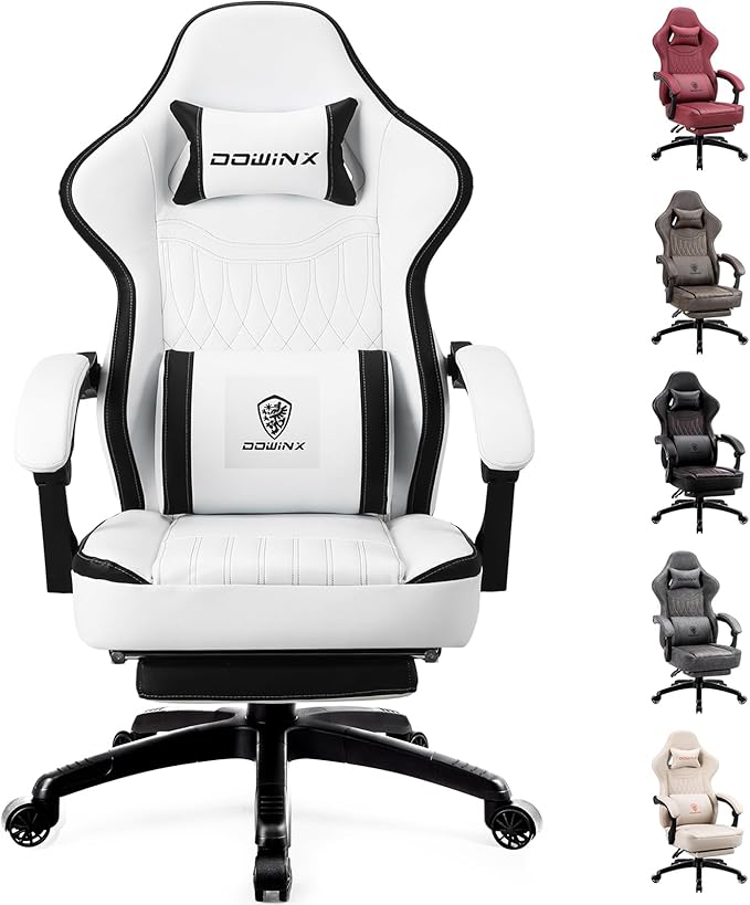 Dowinx Gaming Chair Breathable PU Leather Gamer Chair with Footrest Massage Lumbar Support, Big and Tall Ergonomic Reclining Computer Chair with Pocket Spring Cushion for Adults Teens (Black&White)