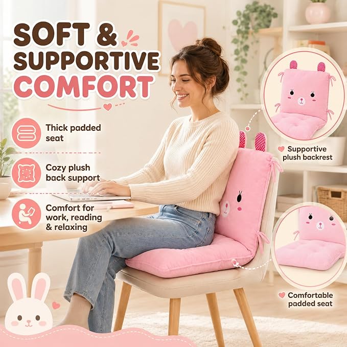 ChezMax Chair Cushion Plush Seat Cushion Back Cushion with Ties Thickened Desk Chair Pads Cartoon Waist Pillow Cushion Decor for Chair Car Office Patio Wheelchair Cartoon Rabbit