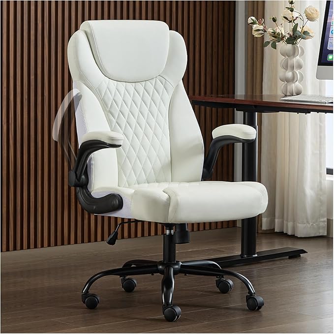 amseatec Office Chair, Executive PU Leather Chair, Ergonomic Computer Desk Chair with Lumbar Support and Adjustable Flip-Up Arms, Rocking Task Chair, White