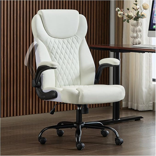 amseatec Office Chair, Executive PU Leather Chair, Ergonomic Computer Desk Chair with Lumbar Support and Adjustable Flip-Up Arms, Rocking Task Chair, White