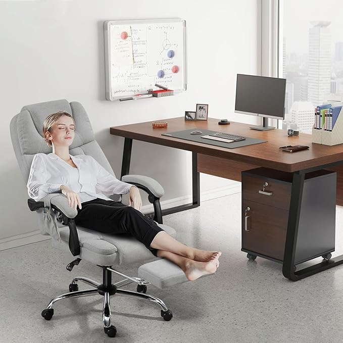 ECOTOUGE Massage Office Chair with Footrest, Ergonomic Adjustable Reclining Executive Heated Office Chair w/ 6 Vibration Points & Heat for Home Office, Light Grey