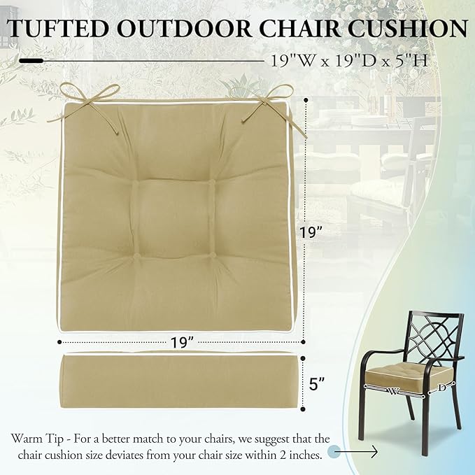 Wellsin Outdoor Chair Cushions Set of 2, Patio Cushions for Outdoor Furniture, Tufted Water-Resistant Outdoor Chair Pads, 19 x 19 Inch, Khaki