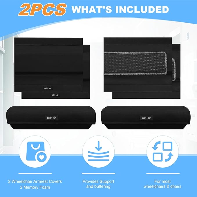 SPRING SEAON Wheelchair Accessories Armrest Covers (Pair), Short Plush Memory Foam Pads, Non-Slip Bottom, Wide Hook-and-Loop Straps, Washable, for Wheelchair/Transport/Office/Gaming Chairs, Black
