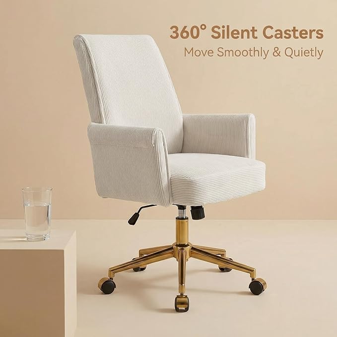 Striped Velvet Office Chair, 360° Swivel Ergonomic Task Chair with High Back, Gold Base and Wheels, Height Adjustable Modern Accent Chair for Home Office, Living Room, Study, Vanity Room (White)