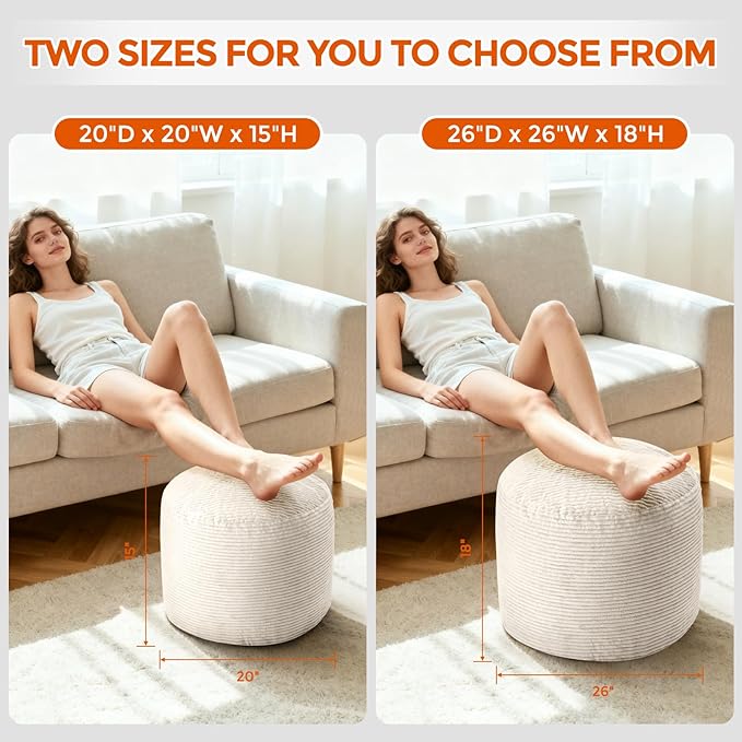 20" x 20" x 15" Pouf Ottoman Foot Rest, Pre-Stuffed Round Foot Stool with Odorless Shredded Memory Foam, Furry & Fluffy Corduroy Footrest for Living Room, Beige
