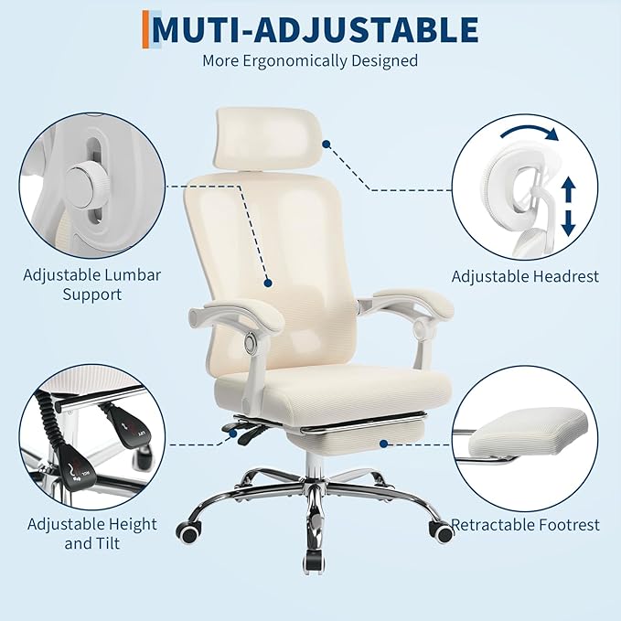 GarveeHome High Back Ergonomic Office Chair with Mesh Back, Retractable Footrest, Adjustable Headrest & Lumbar Support – Wide Computer Desk Chair with Wheels for Home Office or Bedroom, Beige