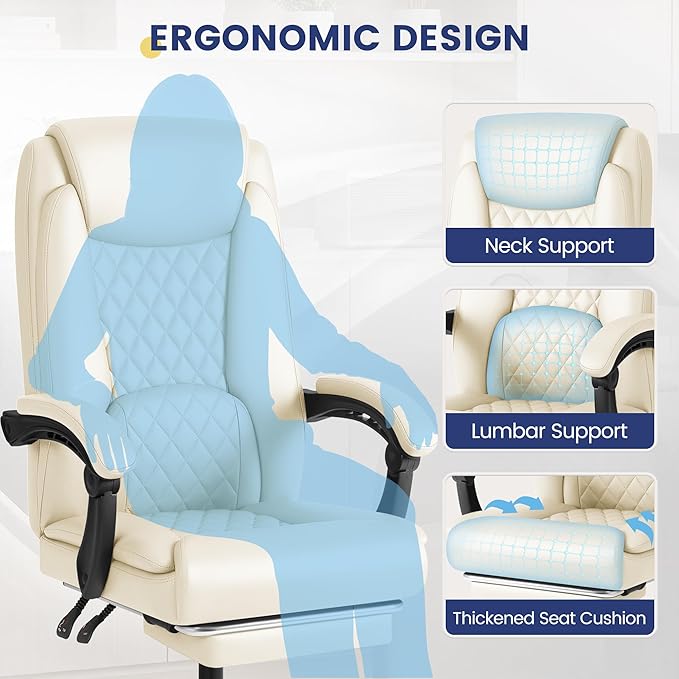 Shahoo Big and Tall Office Chair Height Adjustable Faux Leather Chair with Footrest and Lumbar Support, Ergonomic High Back Computer Chair with 360° Swivel Wheels Task Chairs for Office Home, Beige
