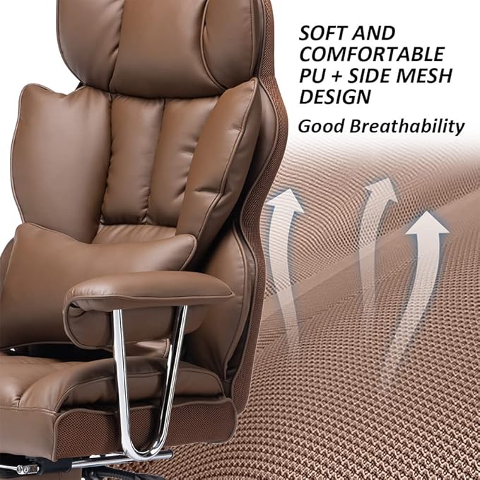 Efomao Big and Tall Office Chair 400lbs – PU Leather Executive Office Chair with Lumbar Support & Leg Rest, Heavy-Duty Computer Chair for Home Office, Brown