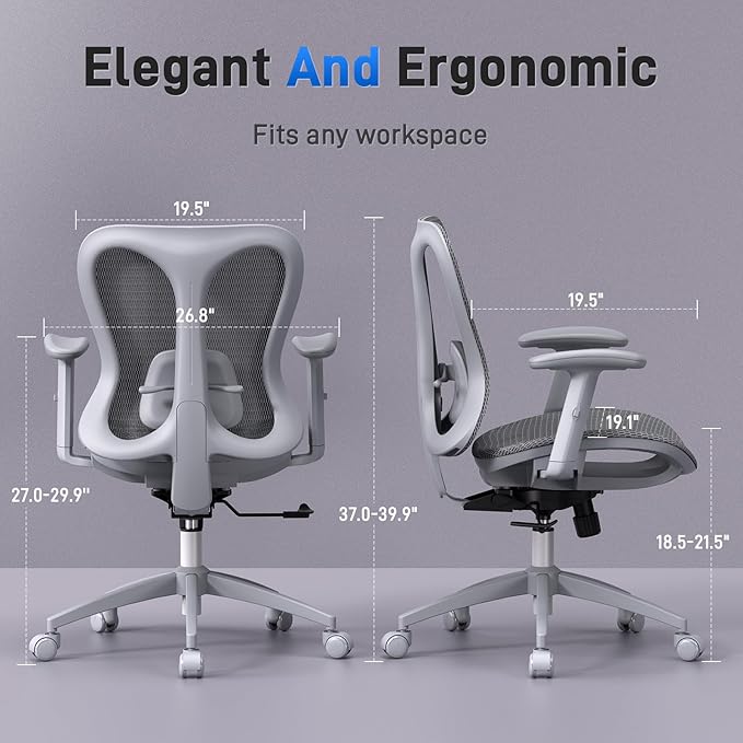 amseatec Ergonomic Office Desk Chair, Comfortable Computer Gaming Chair, Breathable Mesh Back & Seat, Adjustable Armrest, Lumbar Support, Butterfly Design for Home Office (Gray)