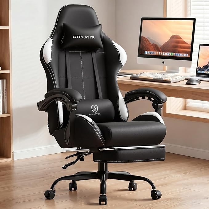 GTPLAYER Gaming Chair Fabric with Pocket Spring Cushion,Computer Office Chair with Lumbar Support for Adults Linkage Armrests and Footrest Ergonomic Gamings Chairs Height Adjustable DARKBLACK